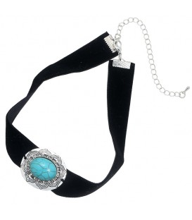 Zwarte choker met blauwe turquoise steen