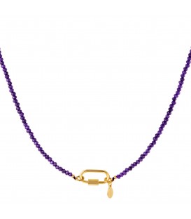 goudkleurige halsketting met paarse steentjes en rechthoekige sluiting