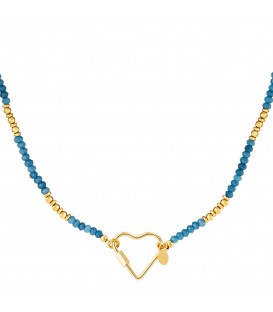 goudkleurige halsketting met blauwe steentjes en grote hartvormige sluiting