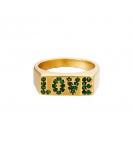 goudkleurige ring met het woord love van groene zirkoonsteentjes (16)