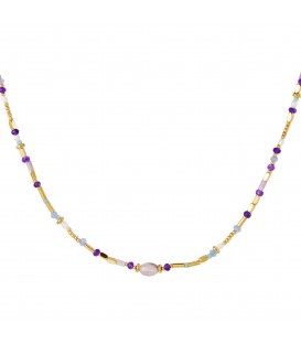 goudkleurige halsketting met paarse kralen en steen