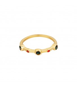 goudkleurige ring met kleine groene en rode zirkoonsteentjes (15)