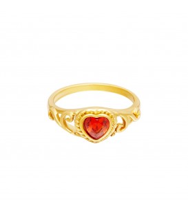 goudkleurige ring met rood hartje van zirkoonsteen (18)