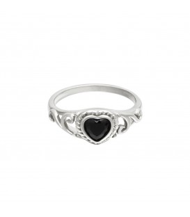 zilverkleurige ring met zwart hartje van zirkoonsteen (17)