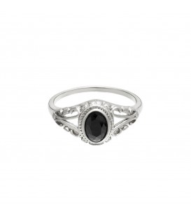 zilverkleurige gedetailleerde ring met grote zwarte zirkoonsteen (16)