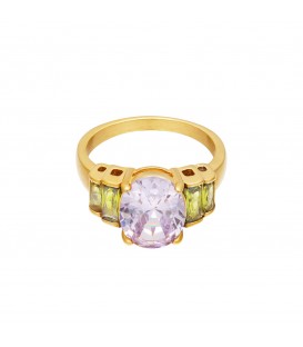 goudkleurige ring met een paarse ronde steen en groene steentjes (16)