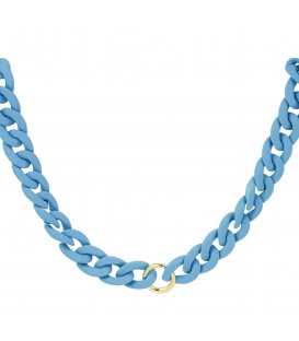 blauwe schakel halsketting met goudkleurige ringetje in het midden