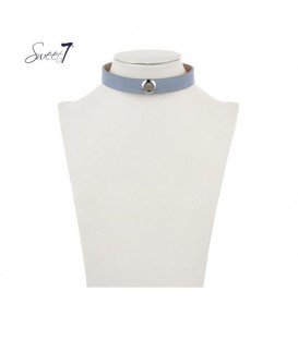 blauwe choker van imitatieleer met zilverkleurig detail