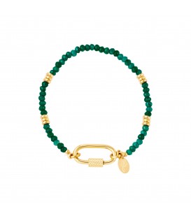 goudkleurige armband met groene steentjes en rechthoekige sluiting