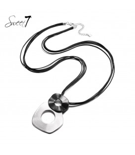 zwarte lange koord halsketting,zilverkleurig en zwarte hanger,sweet 7,sieraden,halsketting,tijdloos,opvallend,elegante,uniek"