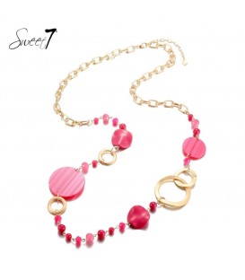 Roze glas kralen lange halsketting met goudkleurige elementen van Sweet7