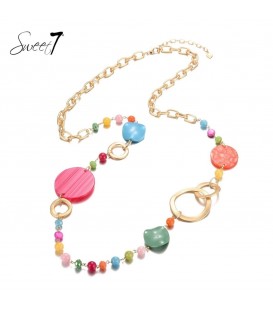 Gekleurde glaskralen lange halsketting met goudkleurige elementen van Sweet7