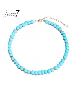 Sweet7 - Blauwe korte kralen halsketting met goudkleurige elementen