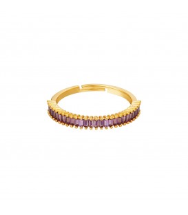 Goudkleurige ring met een rij van paarse zirkoonsteentjes