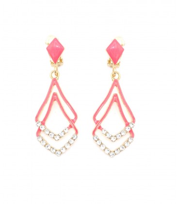 Oorclips roze met een dubbele hanger en heldere strass steentjes