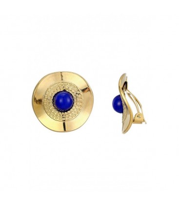 Goudkleurige oorclips met een blauw steentje