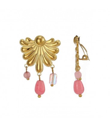 Goudkleurige oorclips met roze kraaltjes