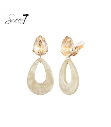Oorclips champagnekleurige steen en beige hanger