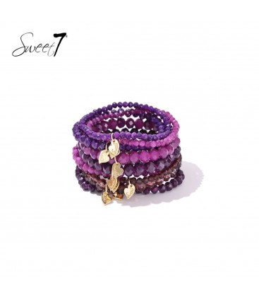 Armband set elastisch met harten bedels in de tinten paars