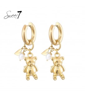 Goudkleurige oorbellen met een teddybeer en pareltje