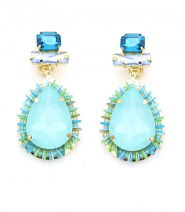 Oorclips met turquoise druppel steen en blauwe kristallen