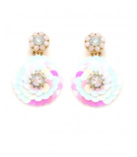 Oorclips wit, roze met iriserende lagen en kristalaccent