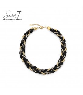 Zwart gevlochten halsketting met strass steentjes