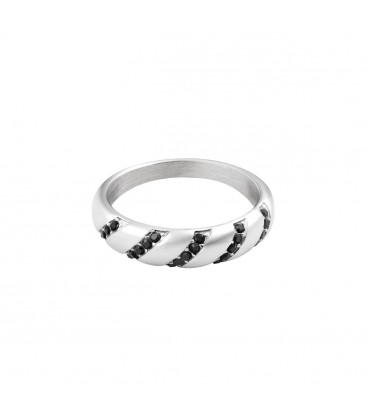 Zilverkleurige smalle croissant ring met zwarte zirkoonstenen (16)