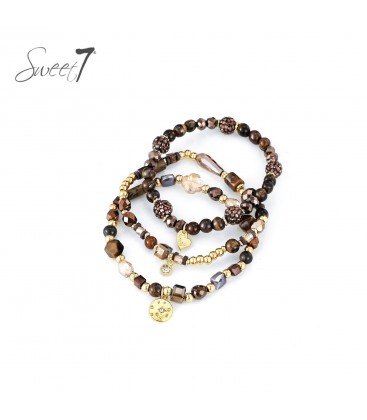 Armband bruin gekleurde natuur stenen kralen en meerdere strengen