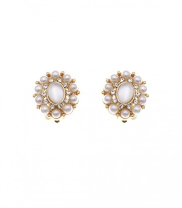 Goudkleurige oorclips met pareltjes en strass steentjes