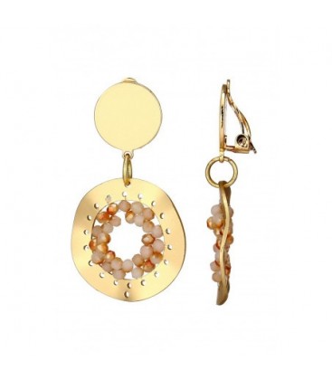 Oorclips goudkleurig met oranje en beige kralen