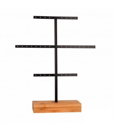 Zwarte sieraden rek met een blank houten voet