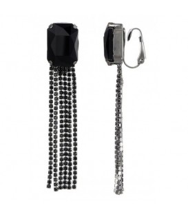 Oorclip met zwarte steen en strass kettinkjes als hangers