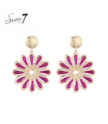 Oorbellen goudkleurig met fuchsia roze inleg