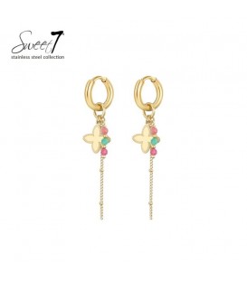 Oorbellen goudkleurig met vlinder en kleurrijke kralen