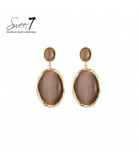 Oorbellen ovale bruine cat eye steen met goudkleurige rand