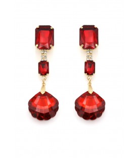 Oorclips met rode kristalstenen en schelpvormige hanger