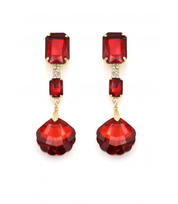 Oorclips met rode kristalstenen en schelpvormige hanger