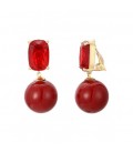 Oorclips met rode vierkante glas steen en glanzende bol als hanger