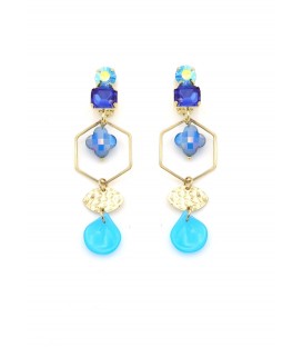 Oorclips blauw met bedels en goudkleurig accenten