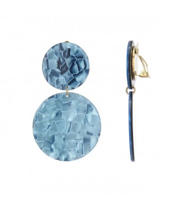 Oorclips blauw met een gemarmerd en grote ronde hanger
