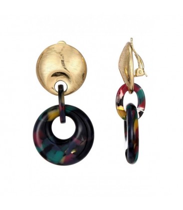 Oorclips goudkleurig oor knop met een veelkleurige ronde hanger