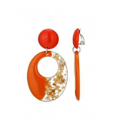 Oorclips oranje met transparante ovale vorm en goudkleurige details.