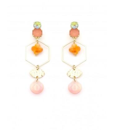 Oorclips oranje, roze en krisstallen en goudkleurige zeshoek