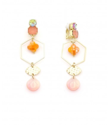 Oorclips oranje, roze en krisstallen en goudkleurige zeshoek