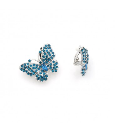 Oorclips blauw in vlindervorm met fonkelende kristallen