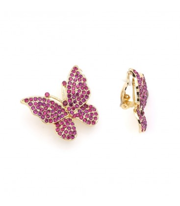 Oorclips in vlindervorm met fonkelende fuchsia kristallen