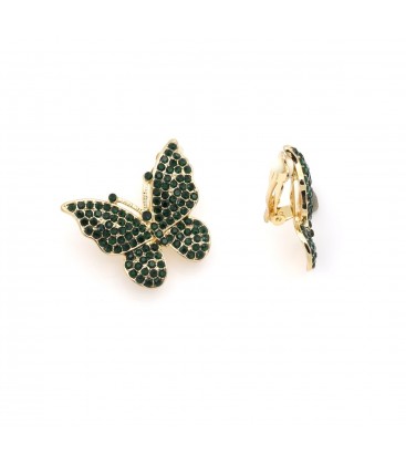 Oorclips in vorm van een vlinder bezet met groene strass steentjes