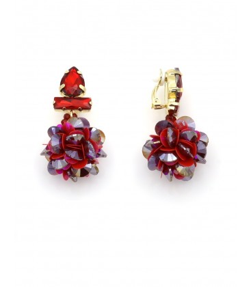 Oorclips rood met pailletten en strass steentjes