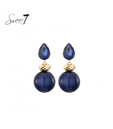 Oorbellen blauw met een glas steentje en een bol als hanger
